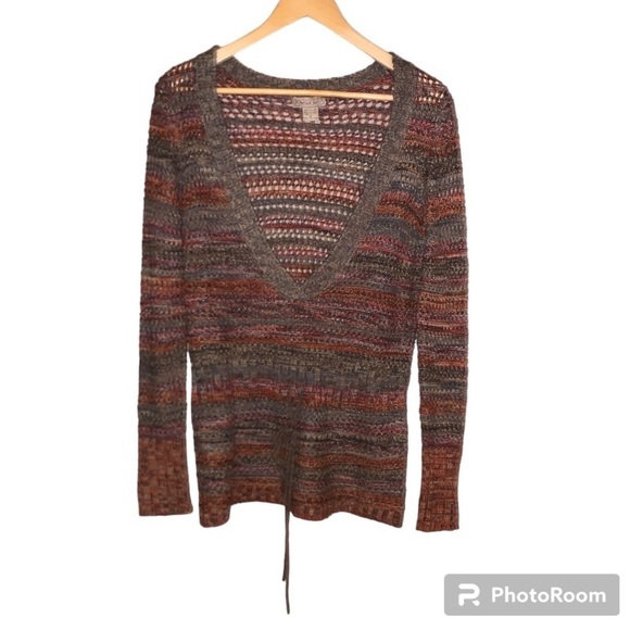 Art and Soul medium boho crochet knit sweater tie front brown neutrals artsy - Picture 1 of 7